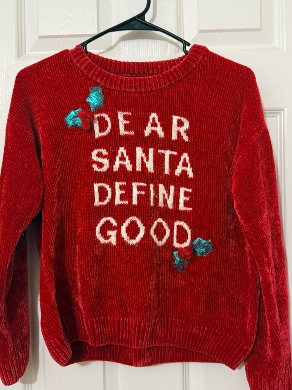 Urban Heritage Red Chenille Crewneck Sweater with Teal Sequin Holly